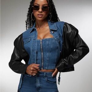 BEBE x CIARA VEGAN LEATHER COMBO DENIM MOTO JACKET